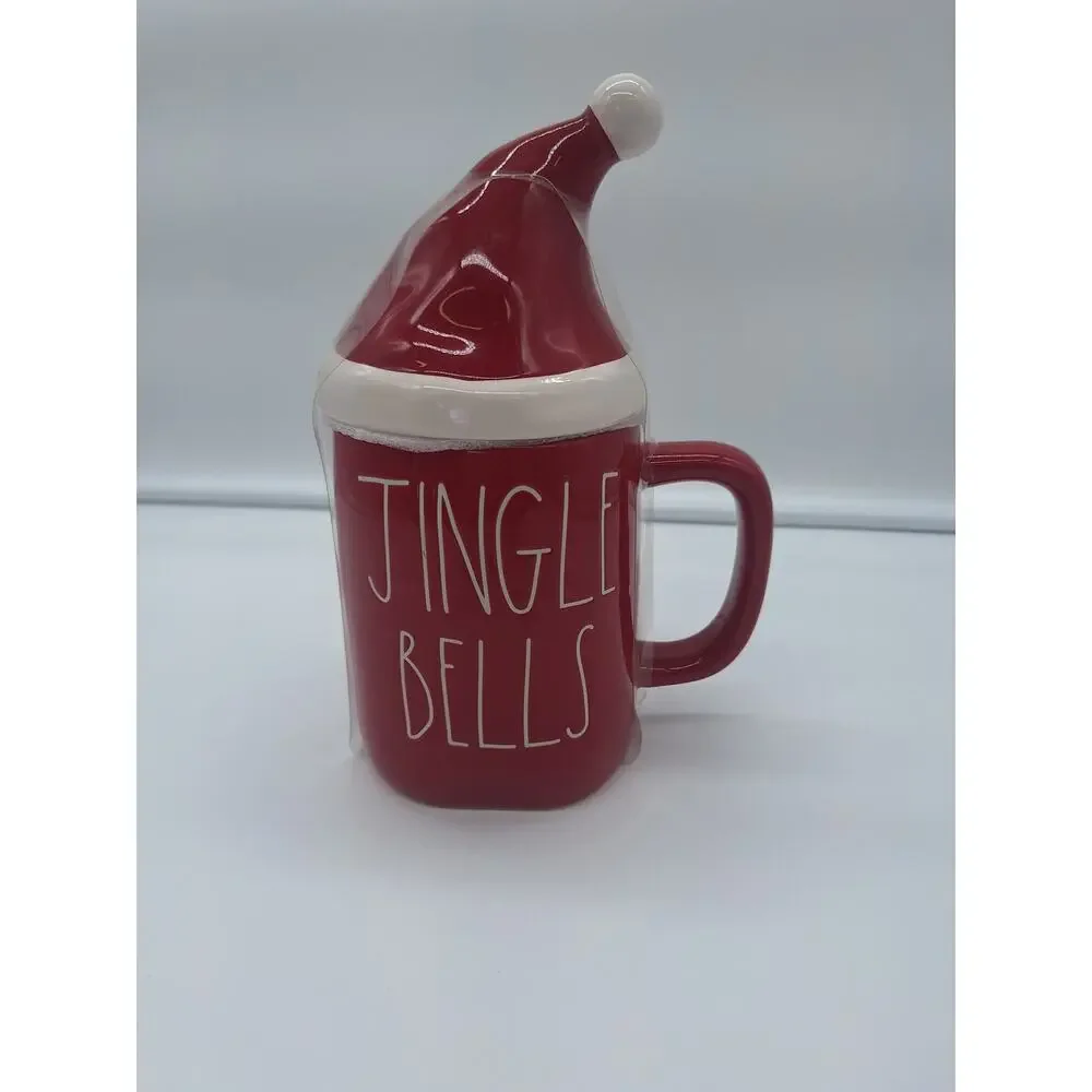 Brand New Rae Dunn Red Jingle Bells Christmas Mug with Santa Topper.